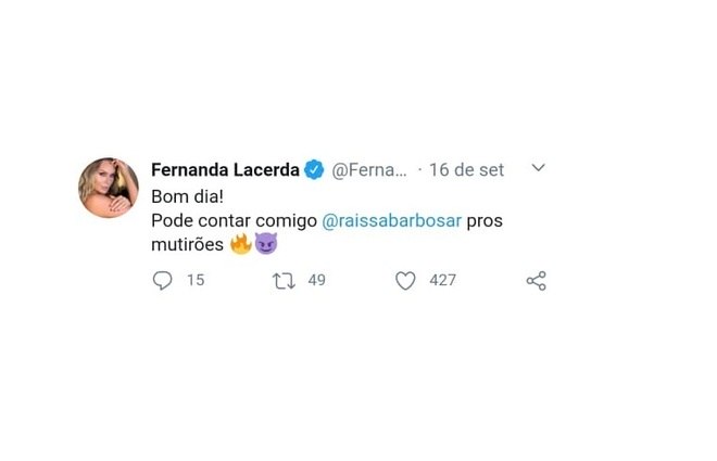 A modelo Fernanda Lacerda não só assiste à atração, como declarou torcida para Raissa Barbosa. Ela disse que faz até mutirão de votos para ajudar a amiga na disputa