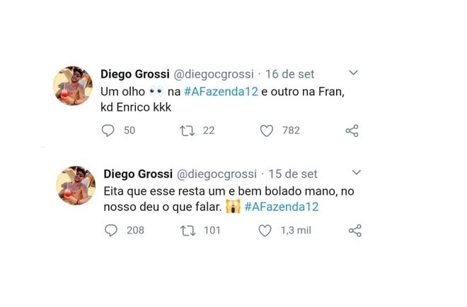 Diego Grossi é mais um ex-peão que adora A Fazenda. Mesmo com o nascimento do filho, Enrico, ele tem assistido ao programa 