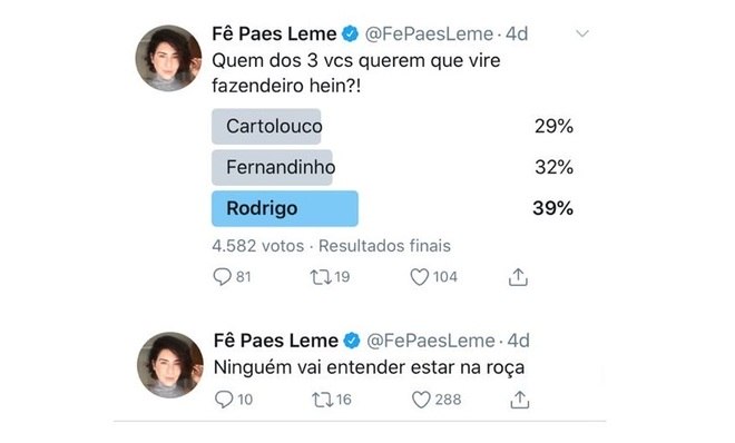 A atriz Fernanda Paes Leme fez até enquete nas redes sociais para saber a opinião dos seguidores sobre quem venceria a primeira Prova do Fazendeiro da temporada