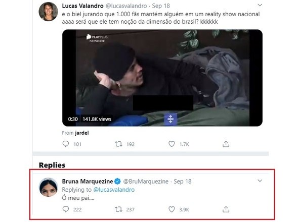 Além de ter virado meme pelas semelhanças físicas com a peoa Jakelyne Oliveira, Bruna Marquezine tem acompanhado a repercussão do reality na web. A atriz reagiu à um vídeo em que Biel comentava sobre a força da torcida dele: 'Ô, meu pai', ironizou 