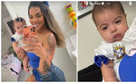 A cantora e ex-peoa Tays Reis escolheu uma blusinha azul e vestiu a filha com um body branco com o símbolo da seleção brasileira