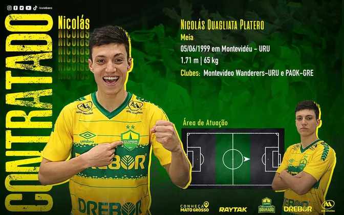 FECHADO - O Cuiabá anunciou a contratação do meia uruguaio Nicolás Quagliata, de 23 anos. O jogador chega por empréstimo do PAOK (GRE) até o fim da temporada, com opção de compra.