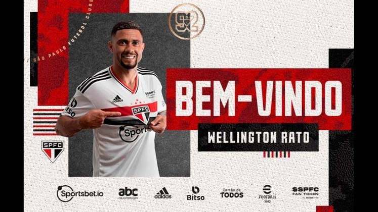 FECHADO - O São Paulo anunciou a contratação do atacante Wellington Rato, jogador que ganhou destaque pelo desempenho mostrado no Atlético-GO. O São Paulo deve ficar com 80% dos direitos federativos, por um contrato de três anos de duração.