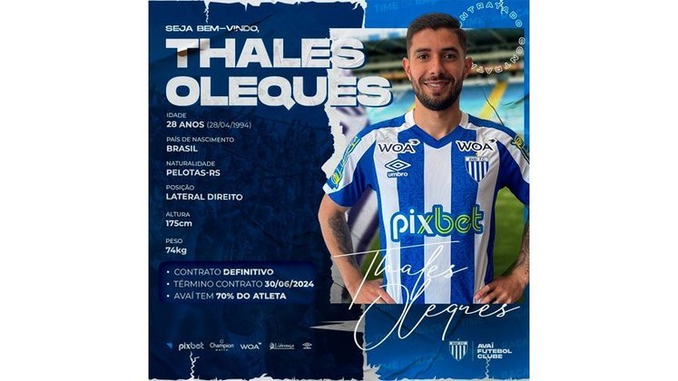 FECHADO - Thales Oleques chega para reforçar o Avaí. O lateral assinou com o time catarinense até junho de 2024