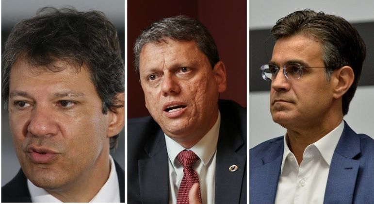 Fernando Haddad (PT), Tarcísio de Freitas (Republicanos) e Rodrigo Garcia (PSDB)