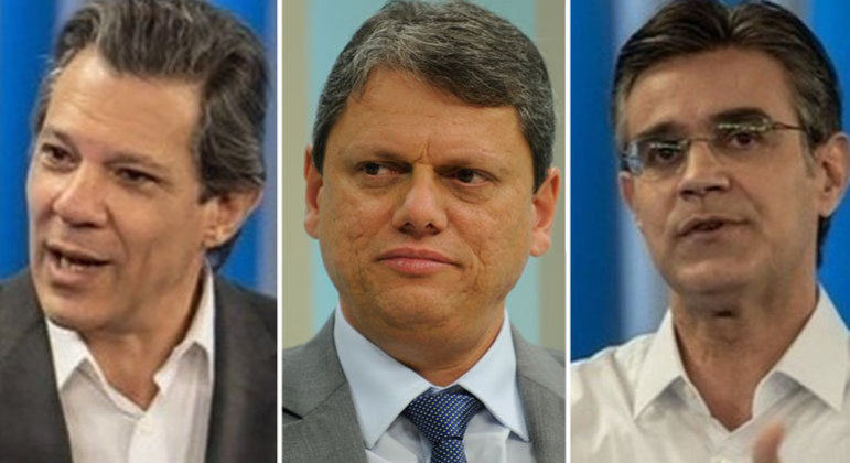 Haddad, Tarcísio e Rodrigo: disputa desenha segundo turno entre petista e republicano, que supera tucano nas pesquisas