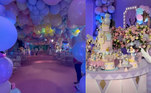 O salão era amplo, com várias mesas e decoração que misturava elementos de circo com personagens Disney como Mickey, Minnie, Pato Donald e Margarida. Cecília recebeu um bolo de aniversário digno de rainha — ou queen, como é chamada pelos fãs —, com uma estrutura de cinco andares