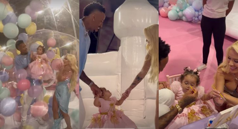 A queen aproveitou todos os momentos da festa e brincou muito com a mamãe Karoline e Militão no pula-pula, se aventurou pintando um quadro e até curtiu uma chuva de balões