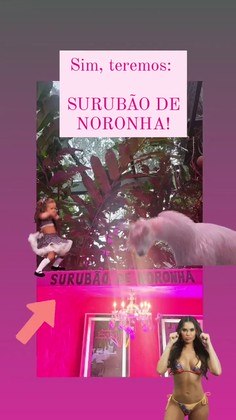 Também houve referência à polêmica que ficou conhecida como 'surubão de Noronha', como mostrou Bruno Gagliasso nos stories do Instagram. O conjunto de ilhas em Pernambuco é um dos destinos favoritos dos famosos, e, conforme rumores que circularam em 2019, foi palco de festas quentes e animadas, para dizer o mínimo