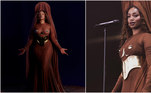 Para um show em um festival na capital paulista, a cantora usou mais de um figurino. Um deles foi este vestido marrom, de tecido bem fluido, e acessório dourados