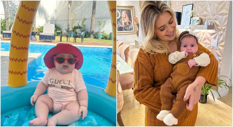 Lua, filha de Viih Tube e Eliezer, que completou 6 meses nesta segunda-feira (9), também aparece frequentemente com looks de grife e combinados com os da mamãe. Uma das peças mais conhecidas é o macacão de grife da foto acima. Em um dia de piscina, a bebê usou a peça com óculos de sol e chapéu rosa-choque. Viih e Lua também já apareceram com peças de tecido dourado e todo canelado