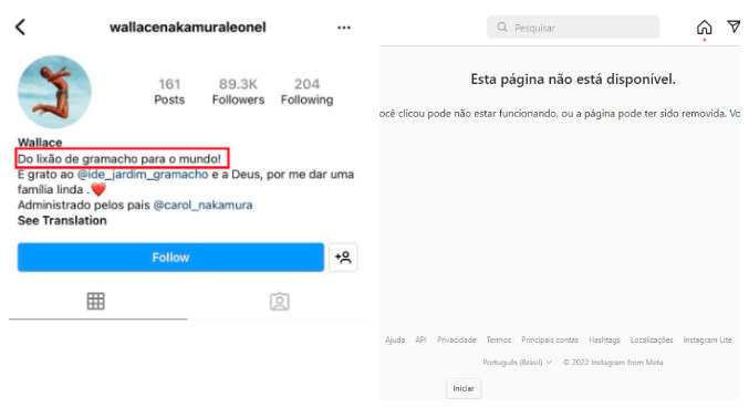 Frase no perfil do Instagram do menino causou polêmica; conta foi deletada