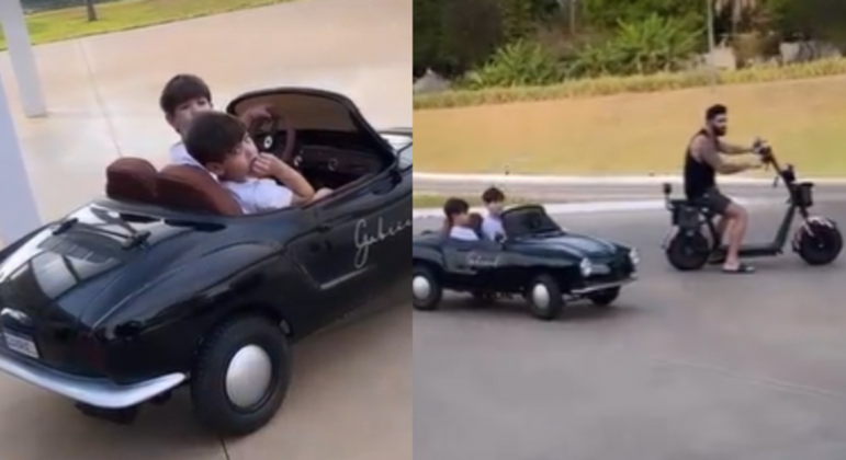 Filhos de Gusttavo Lima pilotam mais um veículo de brinquedo