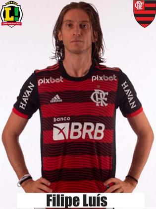 FILIPE LUÍS - 5,5 - É fundamental na saída de bola do Flamengo. Faz a transição e está sempre buscando um passe para quebrar as linhas. Também não sofreu na defesa. 