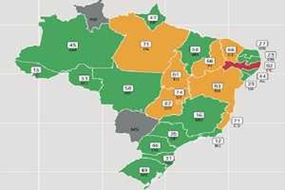 Mapa mostra as zonas intermediárias e críticas no país 