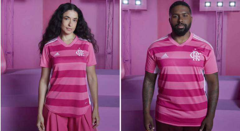 Com as tradicionais listras na horizontal, o Flamengo ganhou uma versão em dois tons de rosa do uniforme rubro-negro