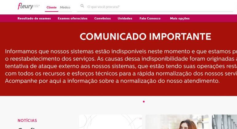 Site do Fleury informa nesta quarta-feira sobre indisponibilidade de sistemas