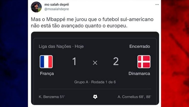 França e Mbappé sofrem com zoeiras após derrota por 2 a 1 para a Dinamarca.