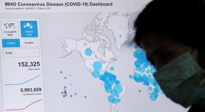 Funcionária em comitê de crise do governo paulista, com dados mundiais sobre a covid-19 projetados atrás