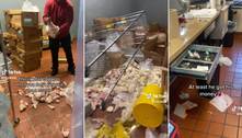 Funcionário com salário atrasado joga comida no chão e revira prateleiras de rede de fast-food