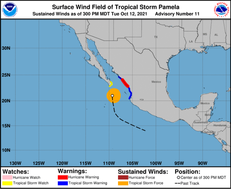Áreas do território mexicano que devem ser atingidas por fortes ventos e chuvas causados pelo furacão Pamela