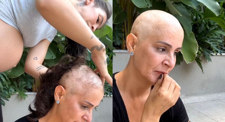 Gabi Brandt raspa o cabelo da mãe, Silvia Nunes, que está em tratamento contra um câncer