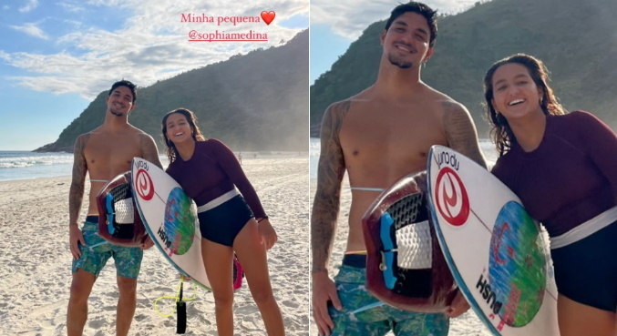 Na praia, Gabriel Medina surfou com a irmã, Sophia
