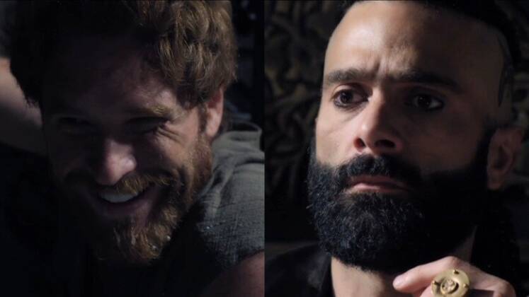 Davi e Áquis em Reis — A PerseguiçãoEnquanto fugia de Saul (Carlo Porto), Davi buscou abrigo em Gate, mas foi reconhecido pelos filisteus por causa das batalhas. Os soldados o levaram até o rei da Filístia, Áquis (Augusto Garcia), então, o belemita fingiu estar louco para mascarar sua verdadeira identidade. 'Me diverti muito fazendo essa cena. Rimos demais nos bastidores. Enquanto ator, foi um presente'. afirmou Cirillo. 