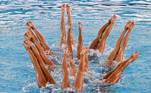 A equipe da Itália compete no evento final de combinação livre de natação artística feminina em 14 de agosto, durante o Campeonato Europeu de Esportes Aquáticos da LEN em Roma