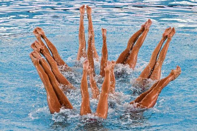 A equipe da Itália compete no evento final de combinação livre de natação artística feminina em 14 de agosto, durante o Campeonato Europeu de Esportes Aquáticos da LEN em Roma