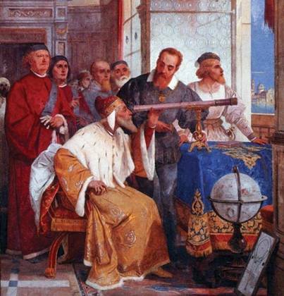 Galileu inventou o telescópio aprimorando o uso da luneta e seus estudos foram fundamentais para a evolução do conhecimento astronômico. Na tela acima, do pintor Giuseppe Bertini, Galileu mostra o telescópio ao Doge de Veneza (dirigente da região), na Itália. 