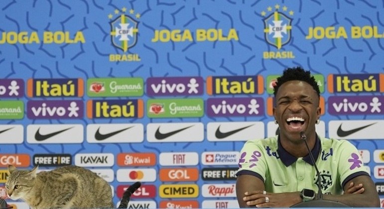 Gato invade coletiva de Vini Jr., e atitude do assessor é criticada nas redes sociais