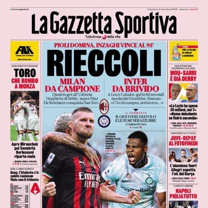 Na "Gazzetta" deste domingo, aplausos ao Milan e à Inter
