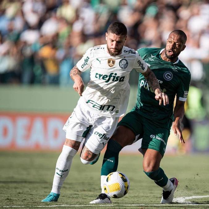 Zé Rafael e Sidnei disputam a bola no confronto entre Palmeiras e Goiás
