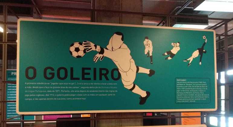 Banner do Museu do Futebol explica que a posição de goleiro surgiu em 1871, há 150 anos