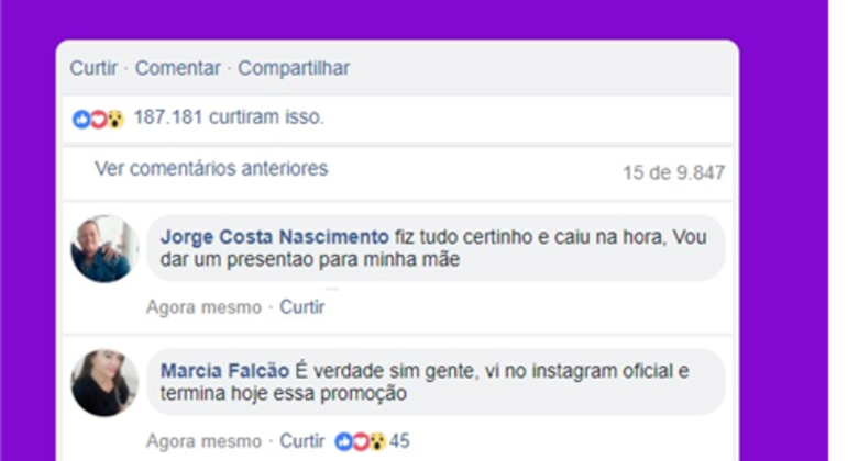 Comentários falsos que golpistas colocam no link para tentar dar legitimidade ao esquema
