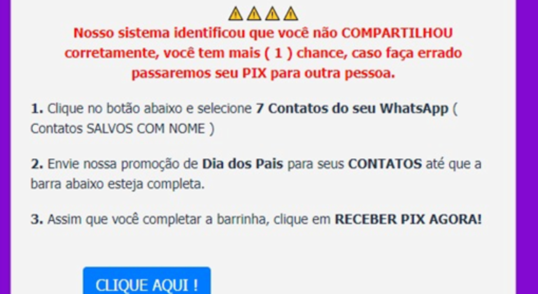 Mensagem pedindo para compartilhar o link no WhatsApp tem tom ameaçador
