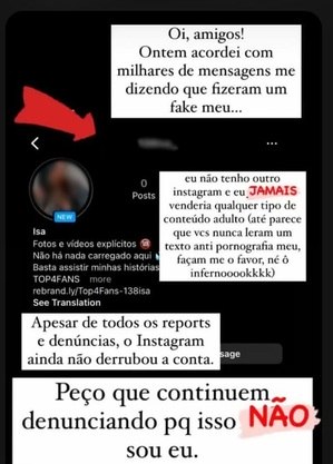 Vítima pediu a seguidores que denunciassem perfil fake de conteúdo adulto