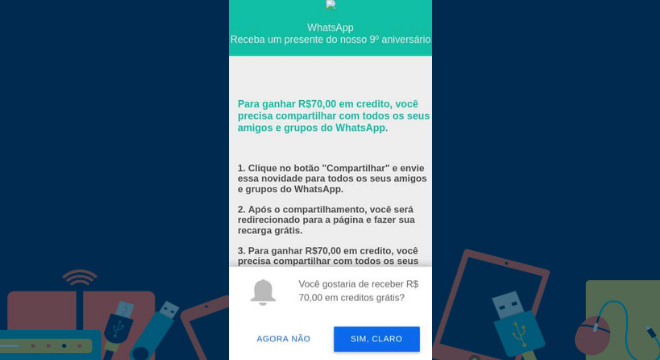 Golpe no WhatsApp oferece R$ 70 em crÃ©dito para o celular