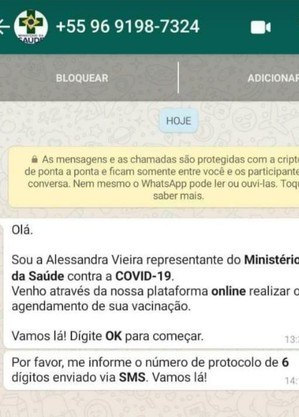 Golpistas tentam obter o código de verificação do Whatsapp
