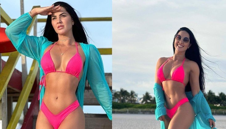 Na mesma época, Graciele Lacerda estava em Miami e foi à praia com biquíni rosa néon e uma saída de praia azul. Ela compartilhou no Instagram várias fotos em que aparece fazendo pose e carão no cenário paradisíaco