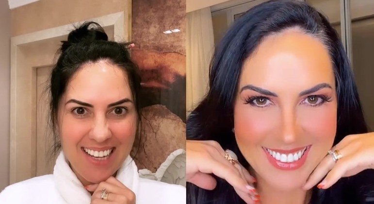 Graciele Lacerda antes e depois de se arrumar para o show, em Campinas (SP)
