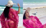 Graci também arrasa nos acessórios para compor seus lookinhos de praia. Destaque para o chapéu que carrega o nome da influenciadora e a saída de praia rosa toda trabalhada na transparência. É puro charme e sensualidade