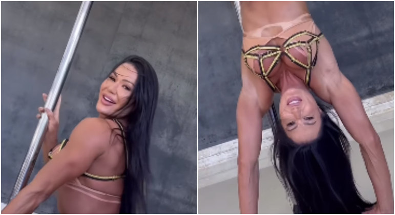 Na quinta-feira (9), Gracyanne Barbosa confundiu os internautas ao escolher um look nude para praticar pole dance. Ela compartilhou nas redes sociais um vídeo em que faz vários movimentos e chega a ficar de ponta-cabeça na barra vertical. O figurino da ex-dançarina — composto de sutiã e calcinha nude sobrepostos a tiras amarelas e pretas, além de botas brancas — roubou a cena. 