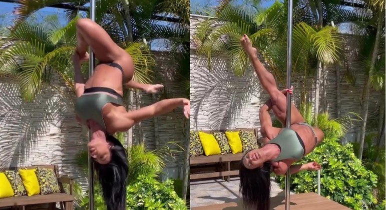 Gracyanne Barbosa mostrou força e flexibilidade ao praticar pole dance