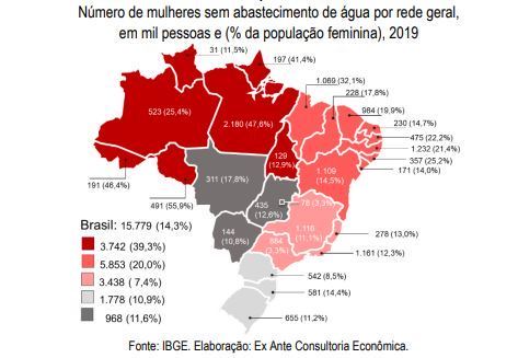 Gráfico mostra número de mulheres sem abastecimento de água por estado