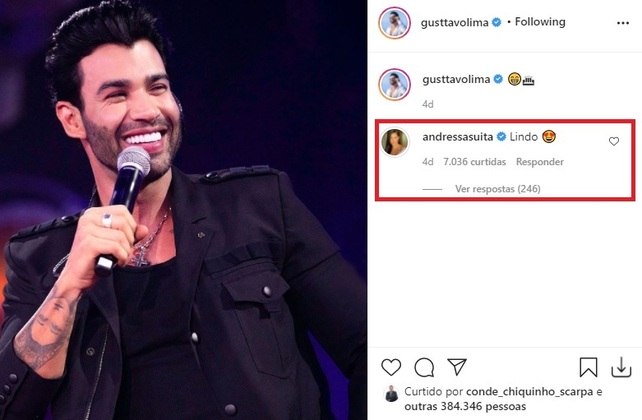 Há alguns dias, Andressa reagiu a uma das publicações de Gusttavo no Instagram e o elogiou: 