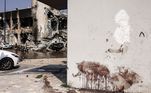 Mancha de sangue na parede de uma estação policial na cidade de Sderot, em Israel