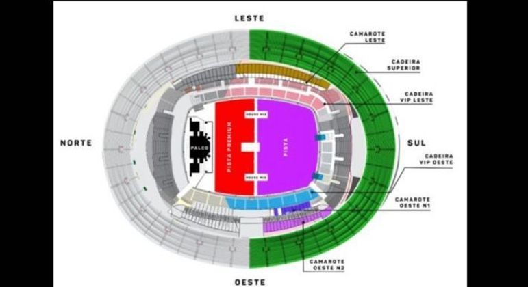 Mapa dos Setores do show do Guns N' Roses que acontece nesta terça-feira (13) às 21h no estádio Mineirão