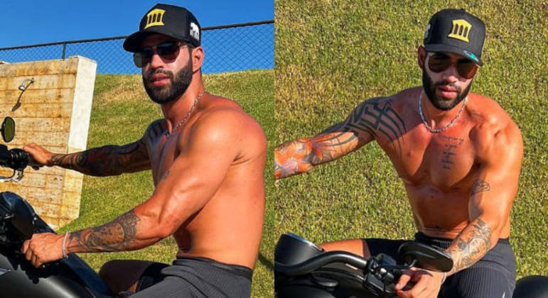 Gusttavo Lima posa sem camisa em moto de quase R$ 70 mil